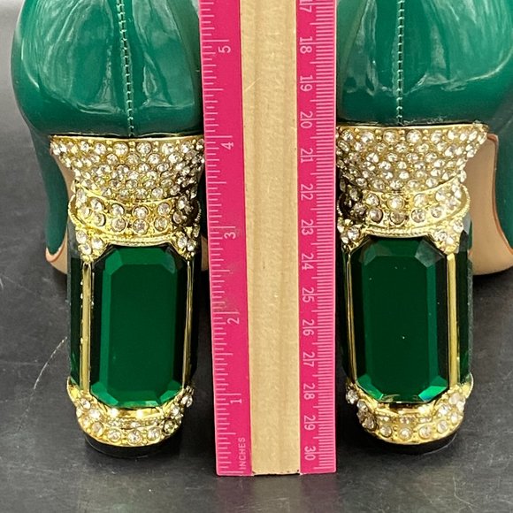 FSJ Olive Bridal Pointed Toe Chunky Block High Heel Crystal Pumps - Picture 6 of 13